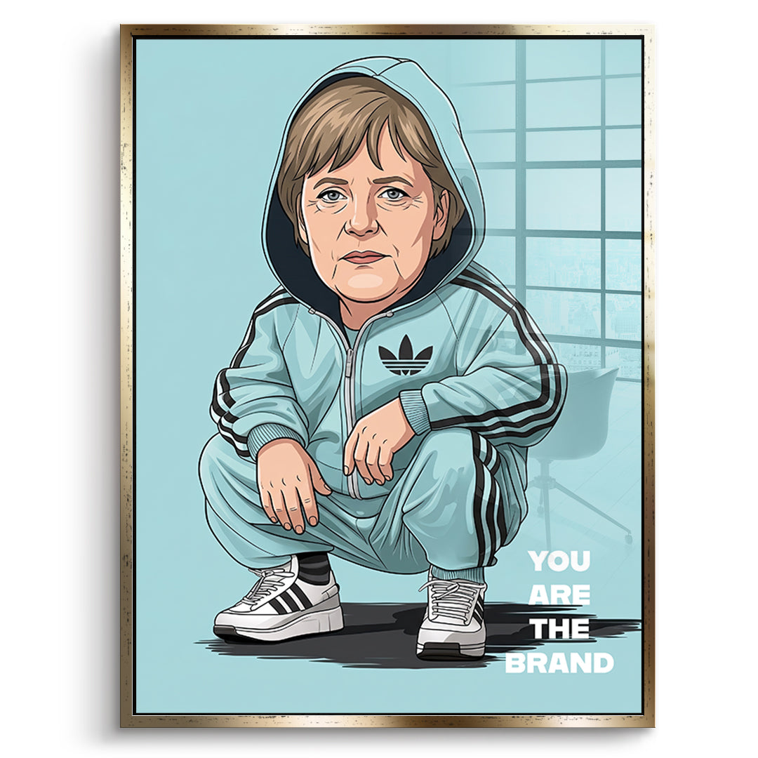 DOTCOMCANVAS Angela Merkel Swag Acrylglasbild Vorderansicht goldener Rahmen