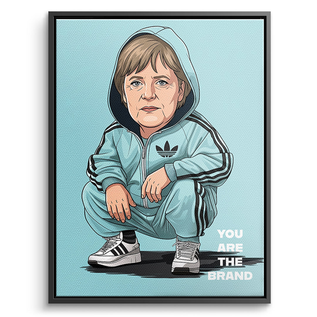 DOTCOMCANVAS Angela Merkel Swag Leinwandbild Vorderansicht schwarzer Rahmen