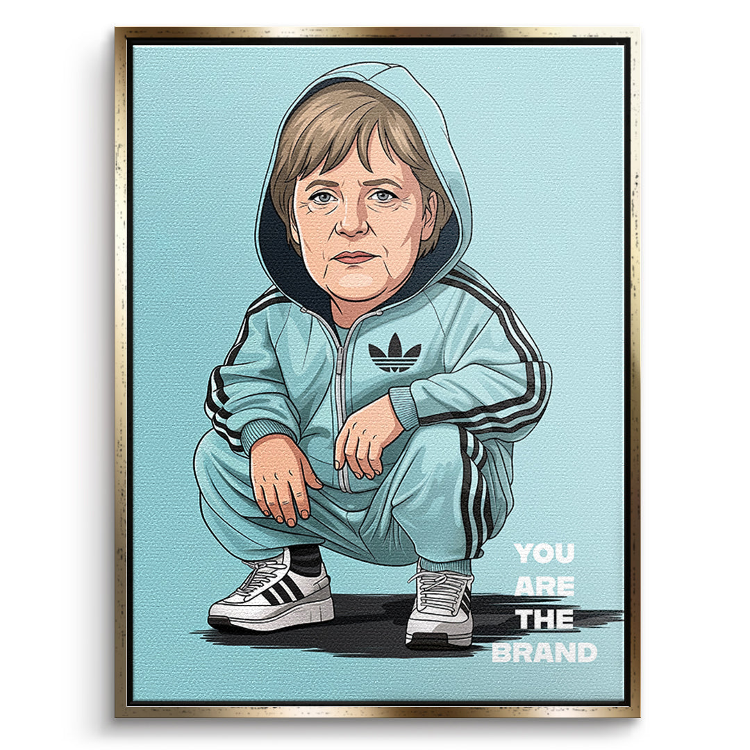 DOTCOMCANVAS Angela Merkel Swag Leinwandbild Vorderansicht goldener Rahmen