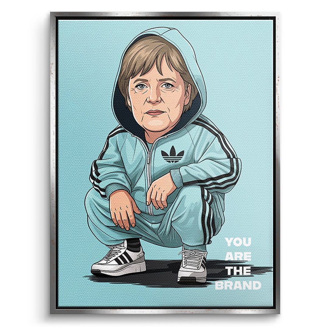 DOTCOMCANVAS Angela Merkel Swag Leinwandbild Vorderansicht silberner Rahmen