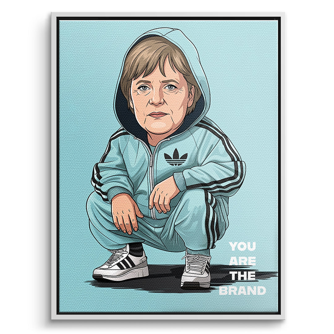 DOTCOMCANVAS Angela Merkel Swag Leinwandbild Vorderansicht weißer Rahmen