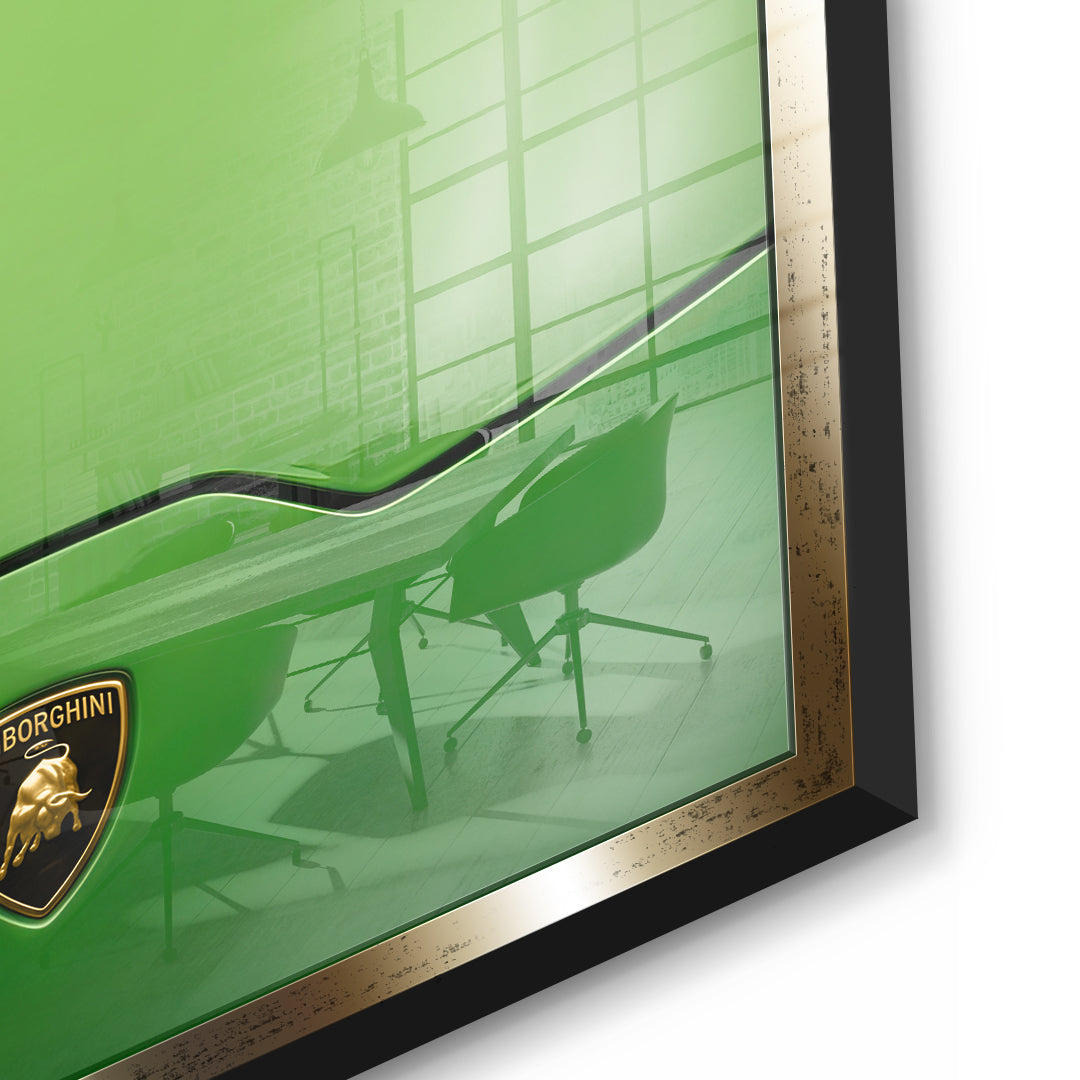 Detailansicht – Golf on the Hood Acrylglasbild mit goldenem Rahmen