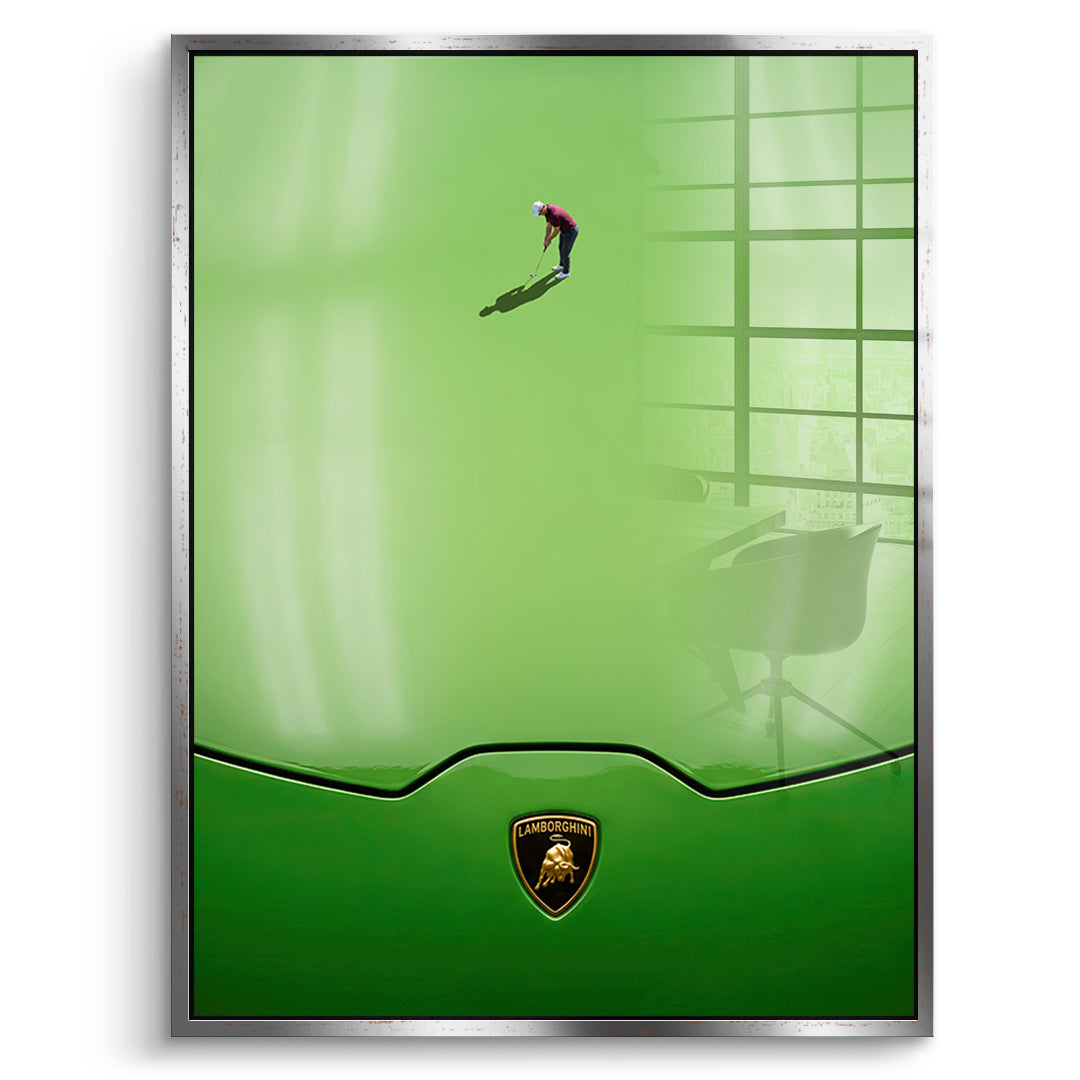 Golf on the Hood Acrylglasbild mit silbernem Rahmen – DOTCOMCANVAS®