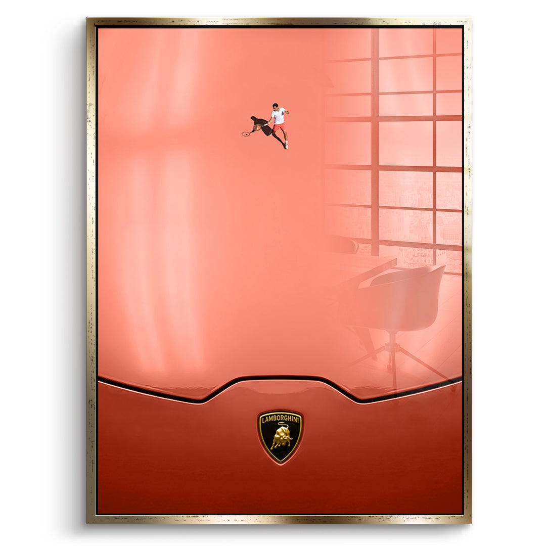 DOTCOMCANVAS Tennis on the Hood Acrylglas Vorderansicht mit goldenem Rahmen