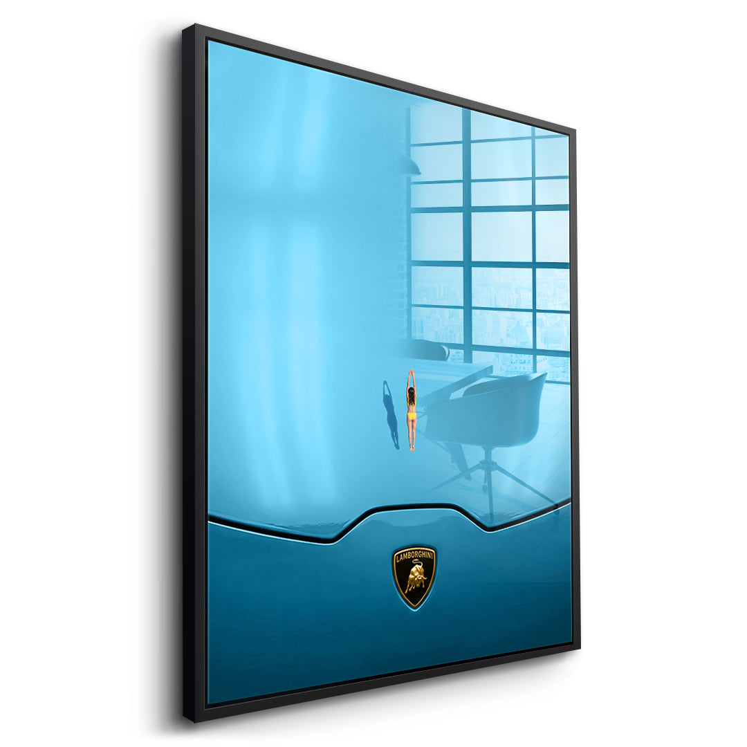 DOTCOMCANVAS Swim on the Hood Acrylglasbild Seitenansicht schwarzer Rahmen