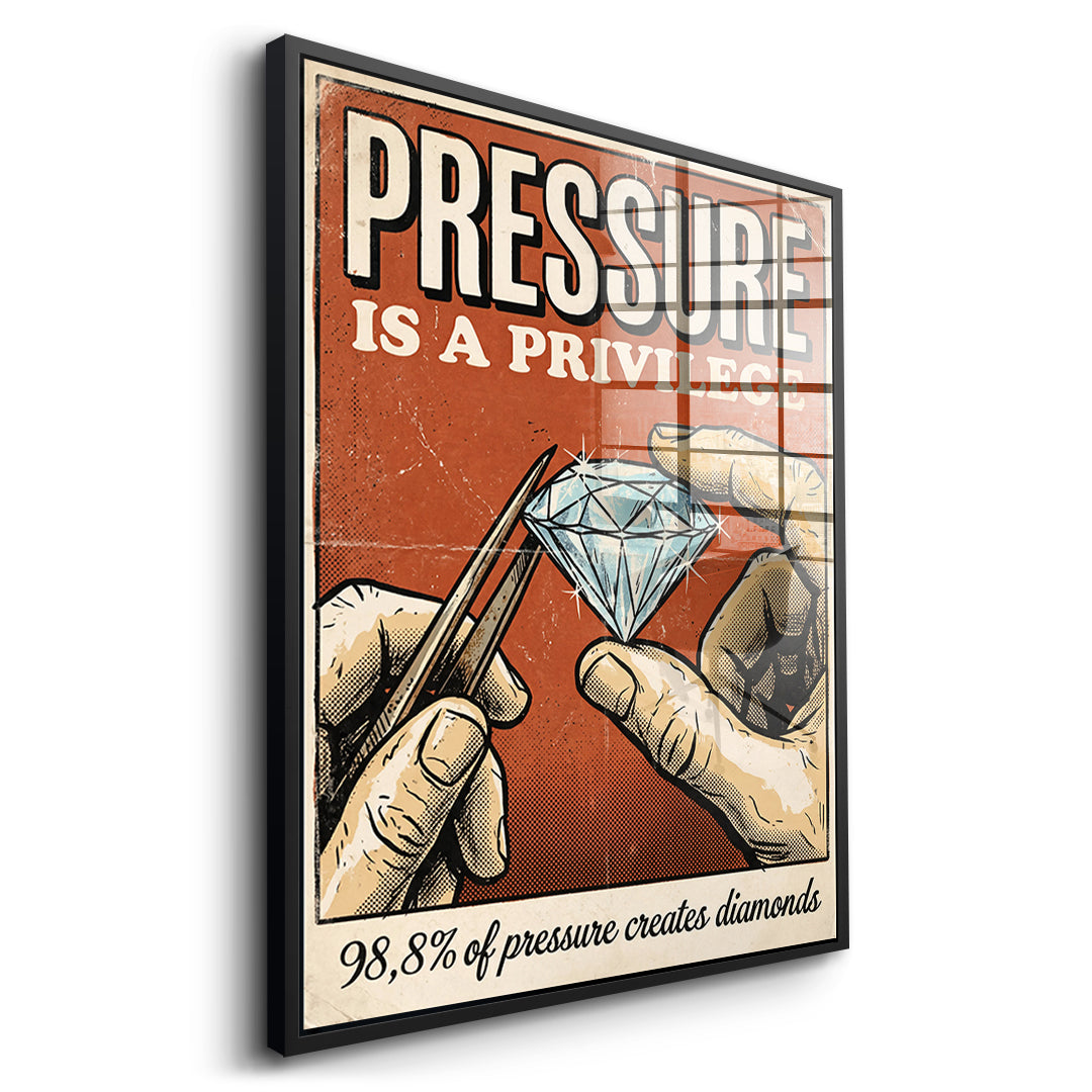 Seitenansicht des Acrylglasbilds Pressure Is A Privilege im schwarzen Rahmen