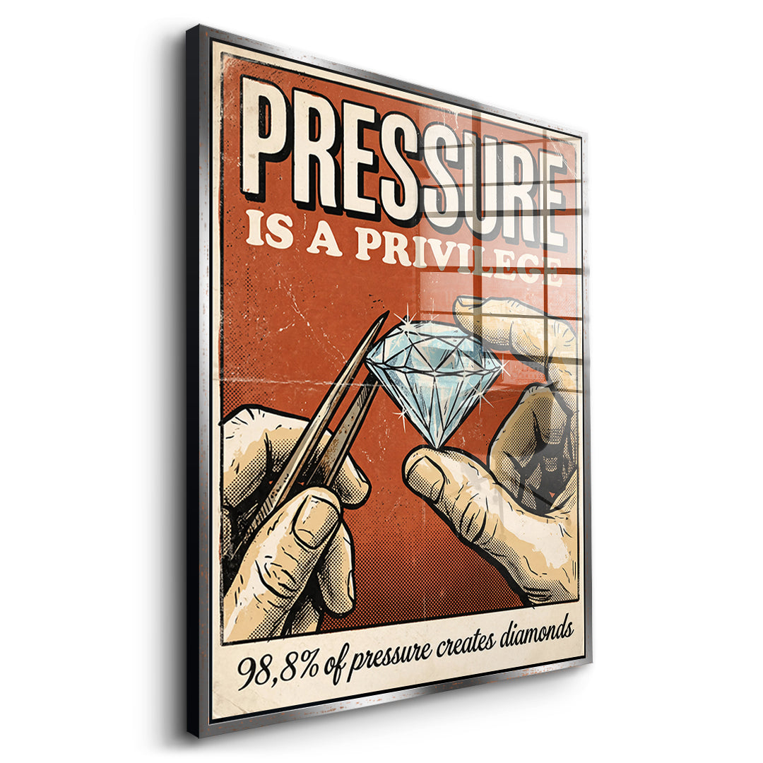 Seitenansicht des Acrylglasbilds Pressure Is A Privilege im silbernen Rahmen