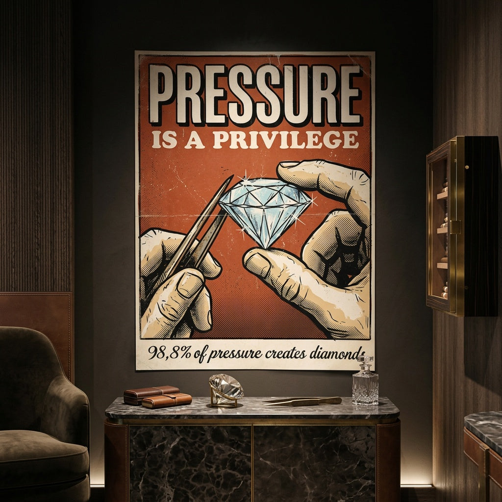 Poster Pressure Is A Privilege an der Wand eines modernen Wohnraums