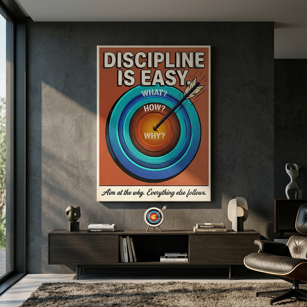 Leinwandbild Discipline Is Easy an der Wand eines modernen Wohnraums