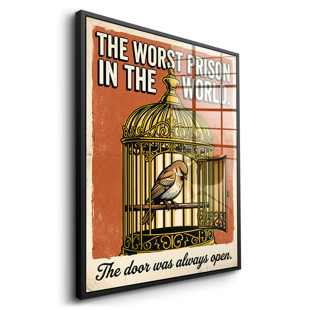 Seitenansicht des Acrylglasbilds The Worst Prison In The World im schwarzen Rahmen