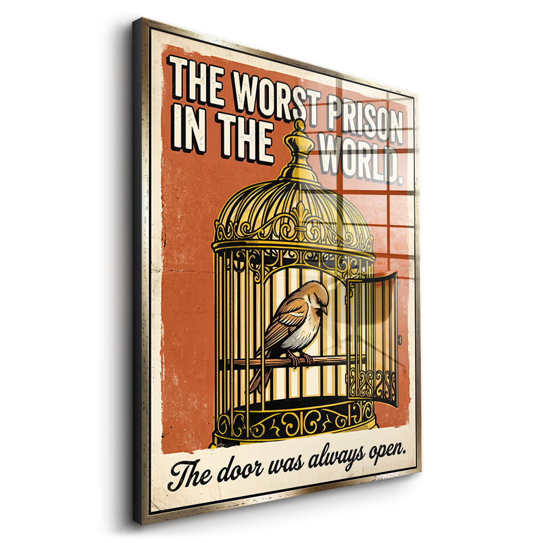 Seitenansicht des Acrylglasbilds The Worst Prison In The World im goldenen Rahmen