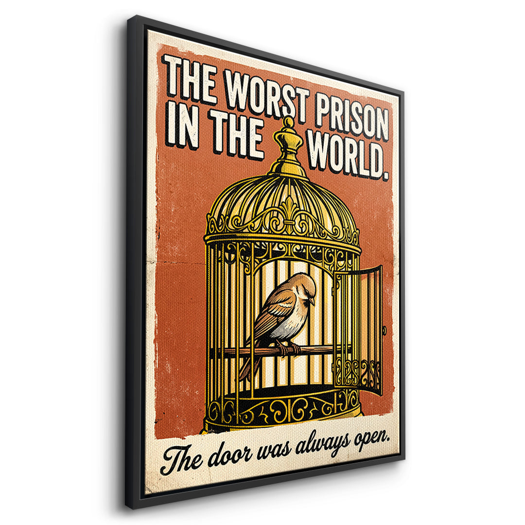 Seitenansicht des Leinwandbilds The Worst Prison In The World im schwarzen Rahmen