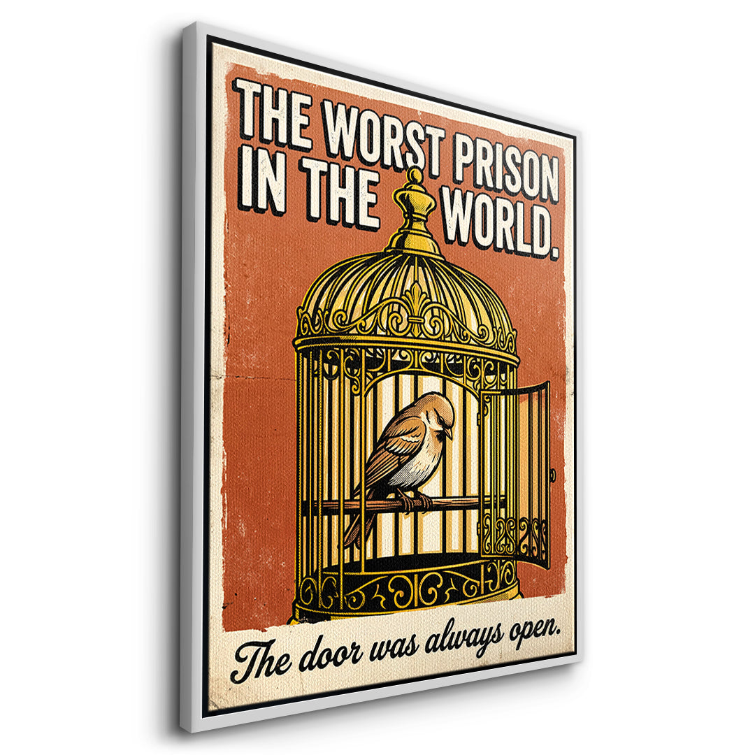 Seitenansicht des Leinwandbilds The Worst Prison In The World im weißen Rahmen