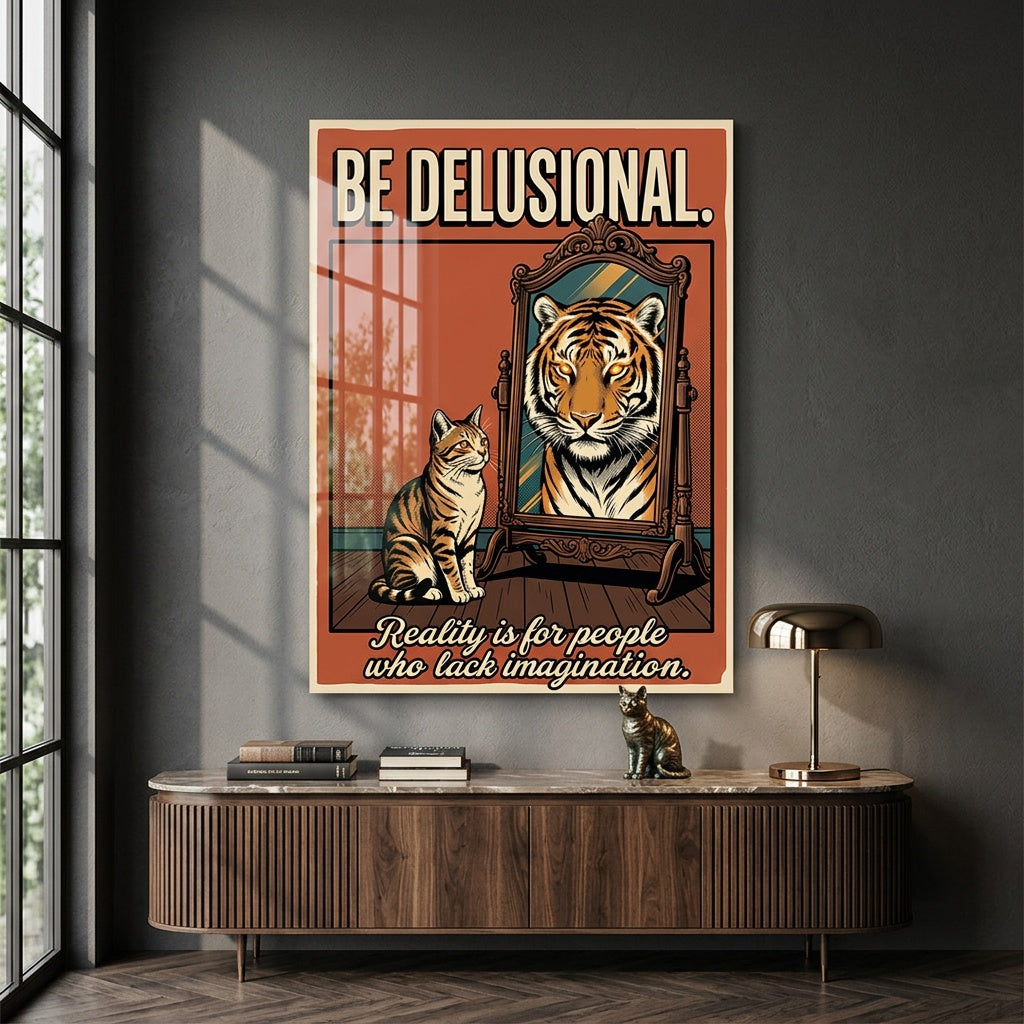 Acrylglasbild Be Delusional an der Wand eines modernen Wohnraums