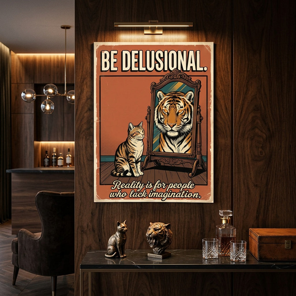 Poster Be Delusional an der Wand eines modernen Wohnraums