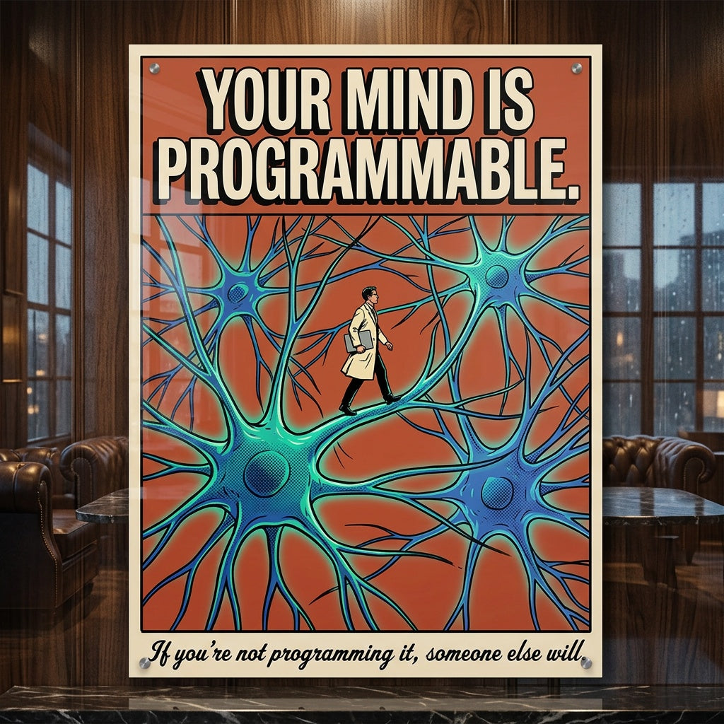 Acrylglasbild Your Mind Is Programmable an der Wand eines modernen Wohnraums