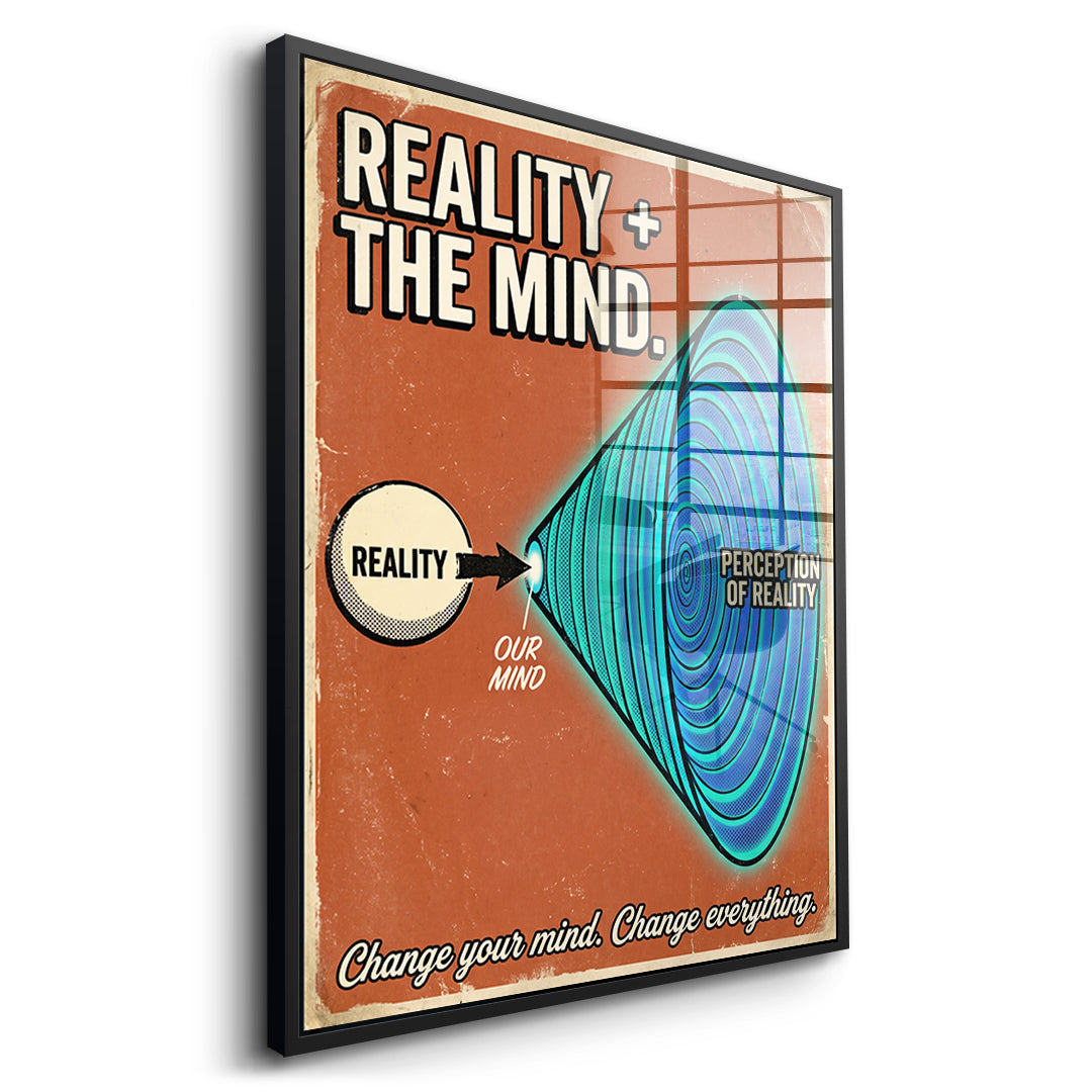 Seitenansicht des Acrylglasbilds Reality + The Mind im schwarzen Rahmen
