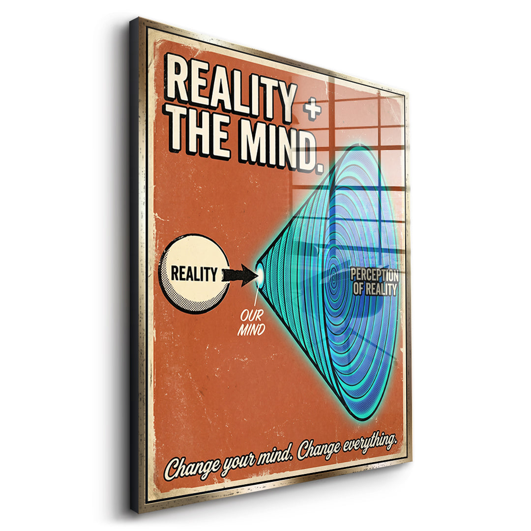 Seitenansicht des Acrylglasbilds Reality + The Mind im goldenen Rahmen