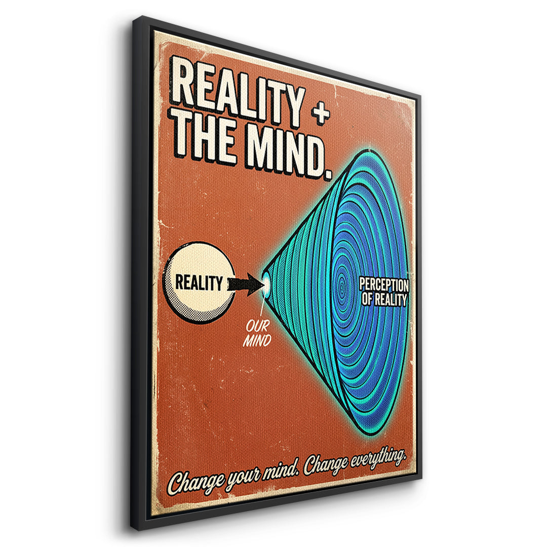 Seitenansicht des Leinwandbilds Reality + The Mind im schwarzen Rahmen