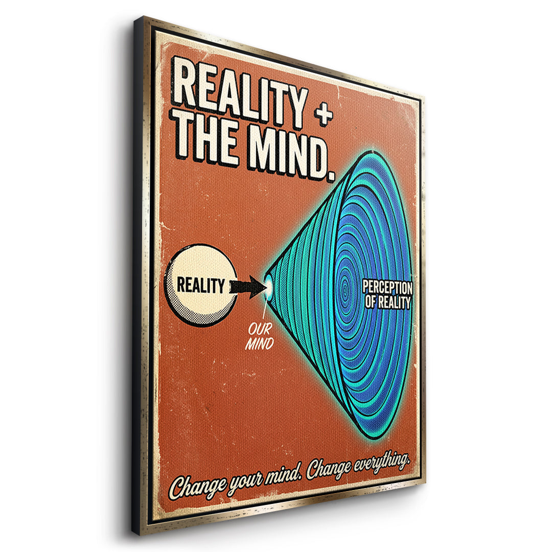 Seitenansicht des Leinwandbilds Reality + The Mind im goldenen Rahmen