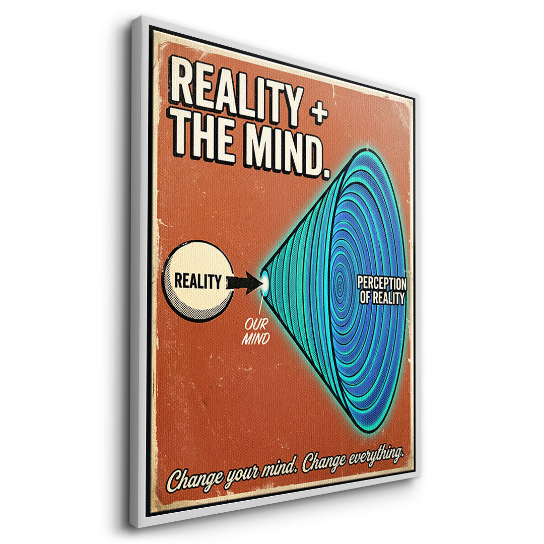 Seitenansicht des Leinwandbilds Reality + The Mind im weißen Rahmen