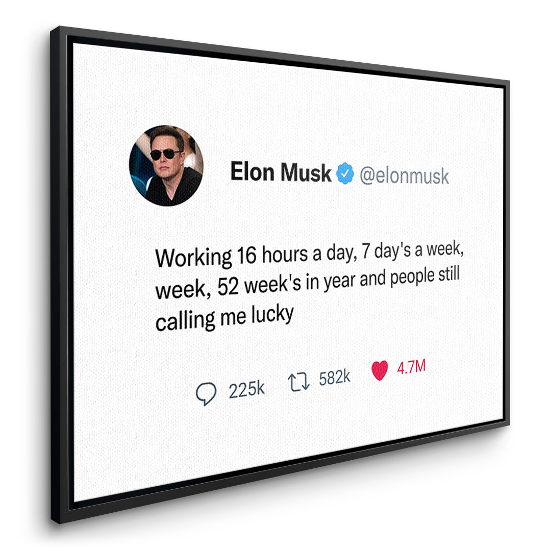 Seitenansicht des Leinwandbilds Twite Elon Musk im schwarzen Rahmen