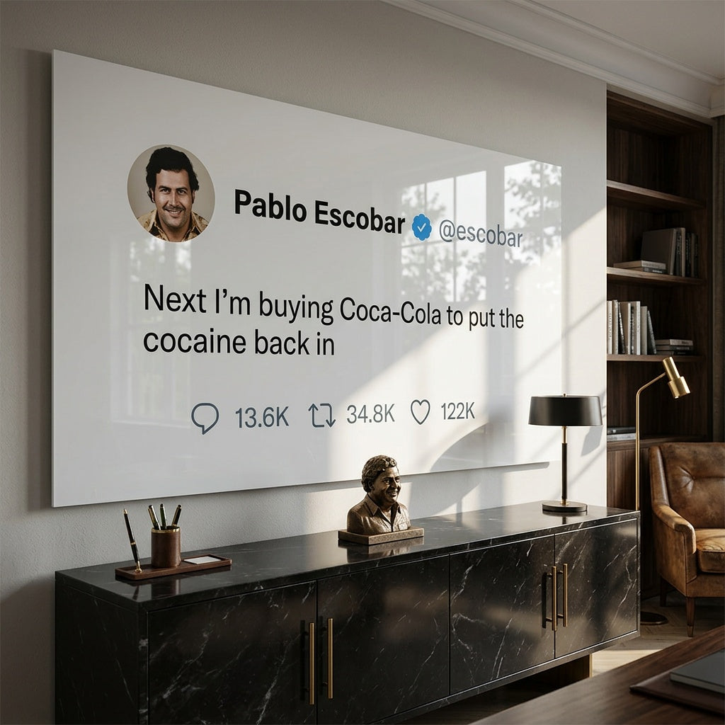 Acrylglasbild Twite Pablo Escobar an der Wand eines modernen Wohnraums
