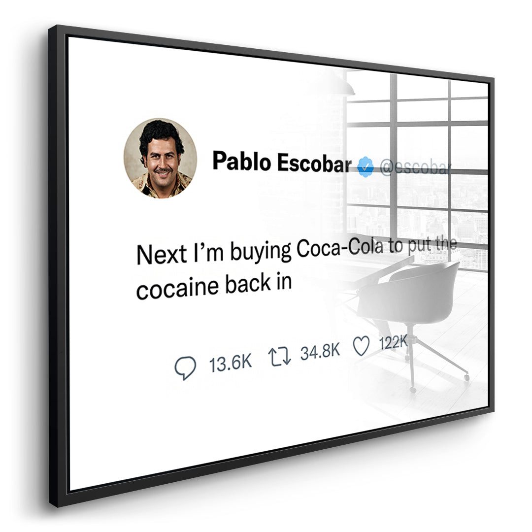 Seitenansicht des Acrylglasbilds Twite Pablo Escobar im schwarzen Rahmen