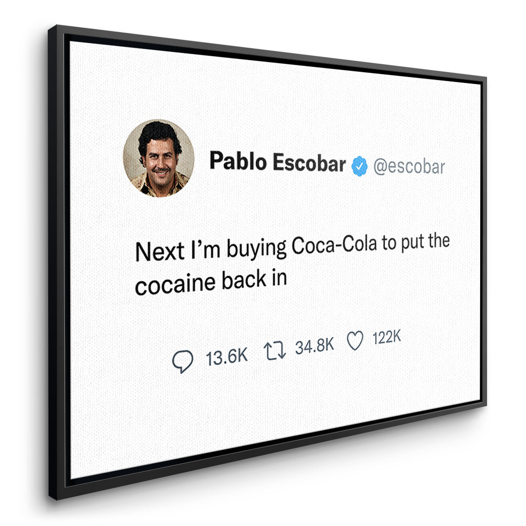 Seitenansicht des Leinwandbilds Twite Pablo Escobar im schwarzen Rahmen