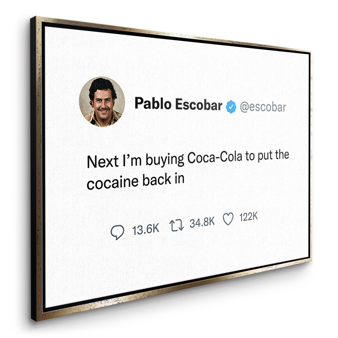 Seitenansicht des Leinwandbilds Twite Pablo Escobar im goldenen Rahmen