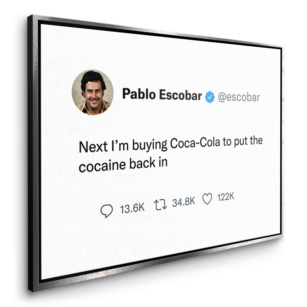 Seitenansicht des Leinwandbilds Twite Pablo Escobar im silbernen Rahmen