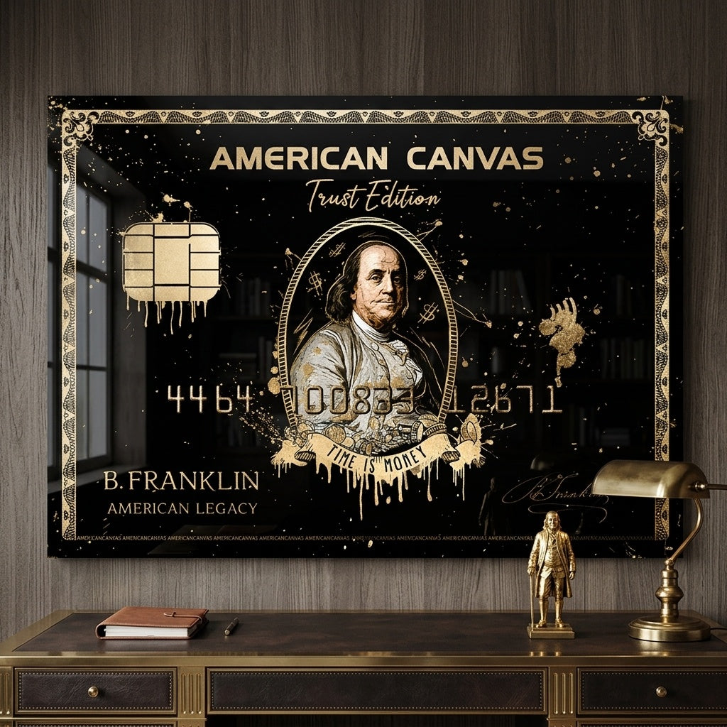 Acrylglasbild Royal American Canvas Benjamin Franklin an der Wand eines modernen Wohnraums