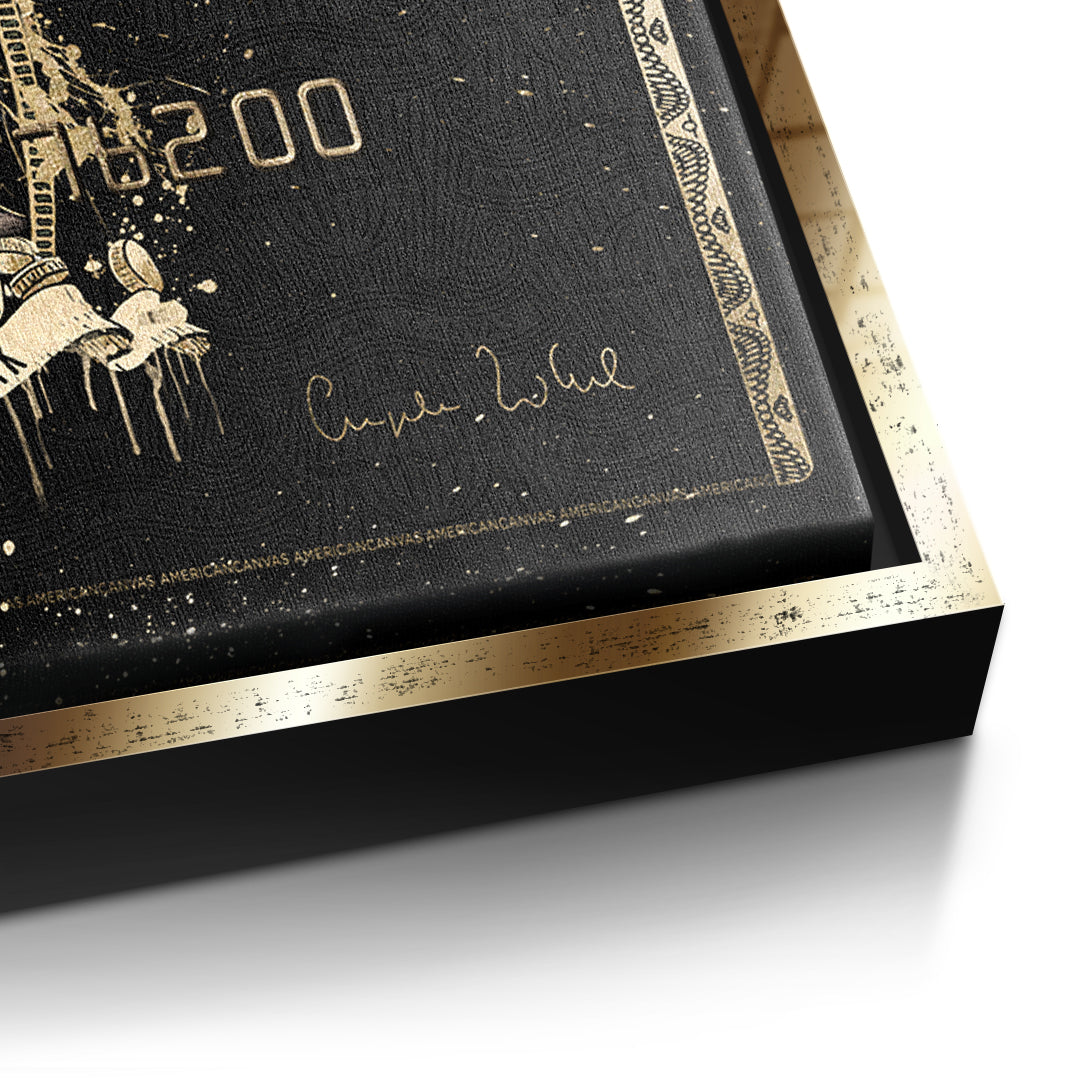 Detailaufnahme der Leinwandstruktur, Royal American Canvas Angela Merkel im goldenen Rahmen