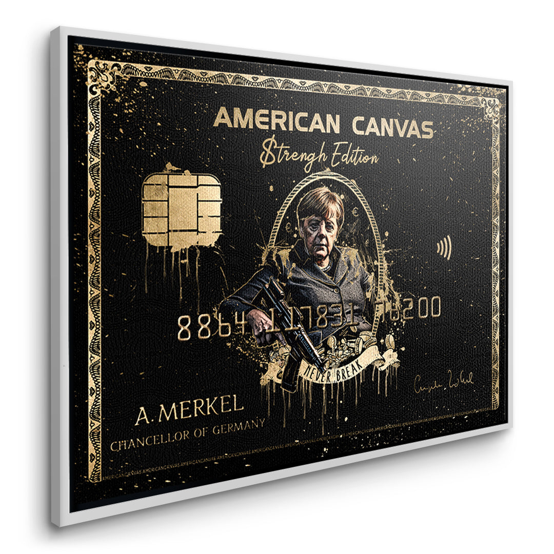 Seitenansicht des Leinwandbilds Royal American Canvas Angela Merkel im weißen Rahmen