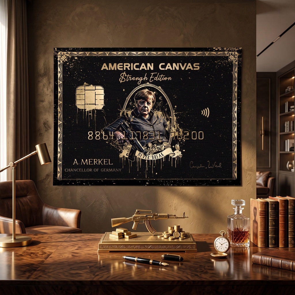 Poster Royal American Canvas Angela Merkel an der Wand eines modernen Wohnraums