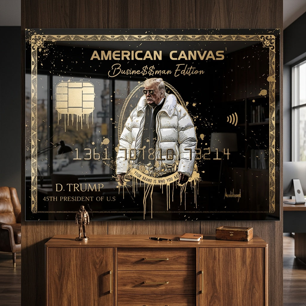 Acrylglasbild Royal American Canvas Trump an der Wand eines modernen Wohnraums