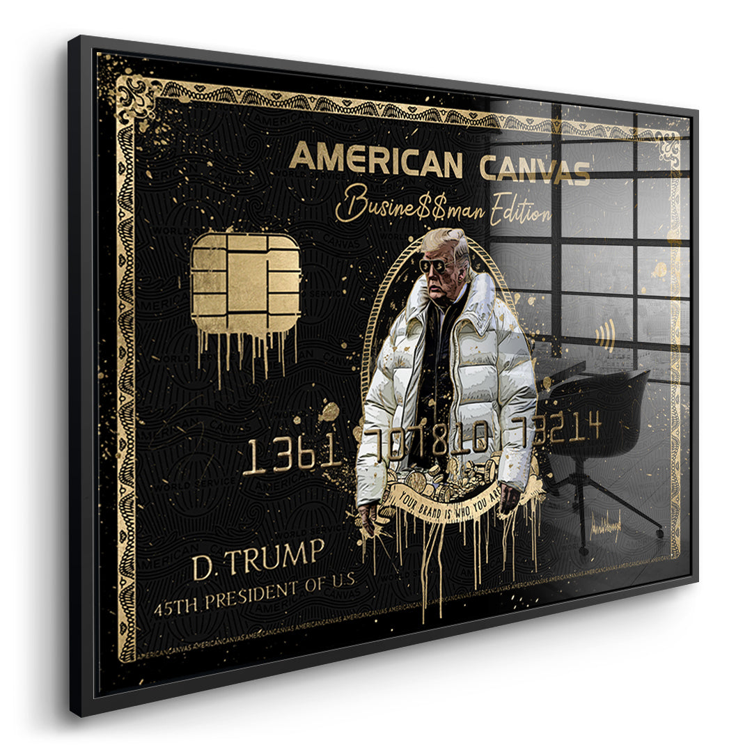 Seitenansicht des Acrylglasbilds Royal American Canvas Trump im schwarzen Rahmen