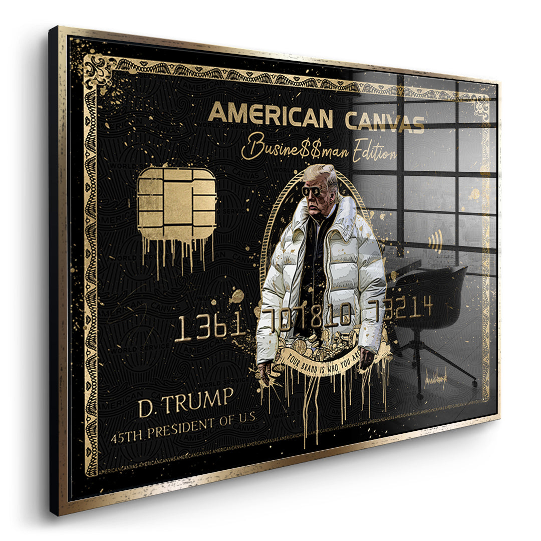 Seitenansicht des Acrylglasbilds Royal American Canvas Trump im goldenen Rahmen