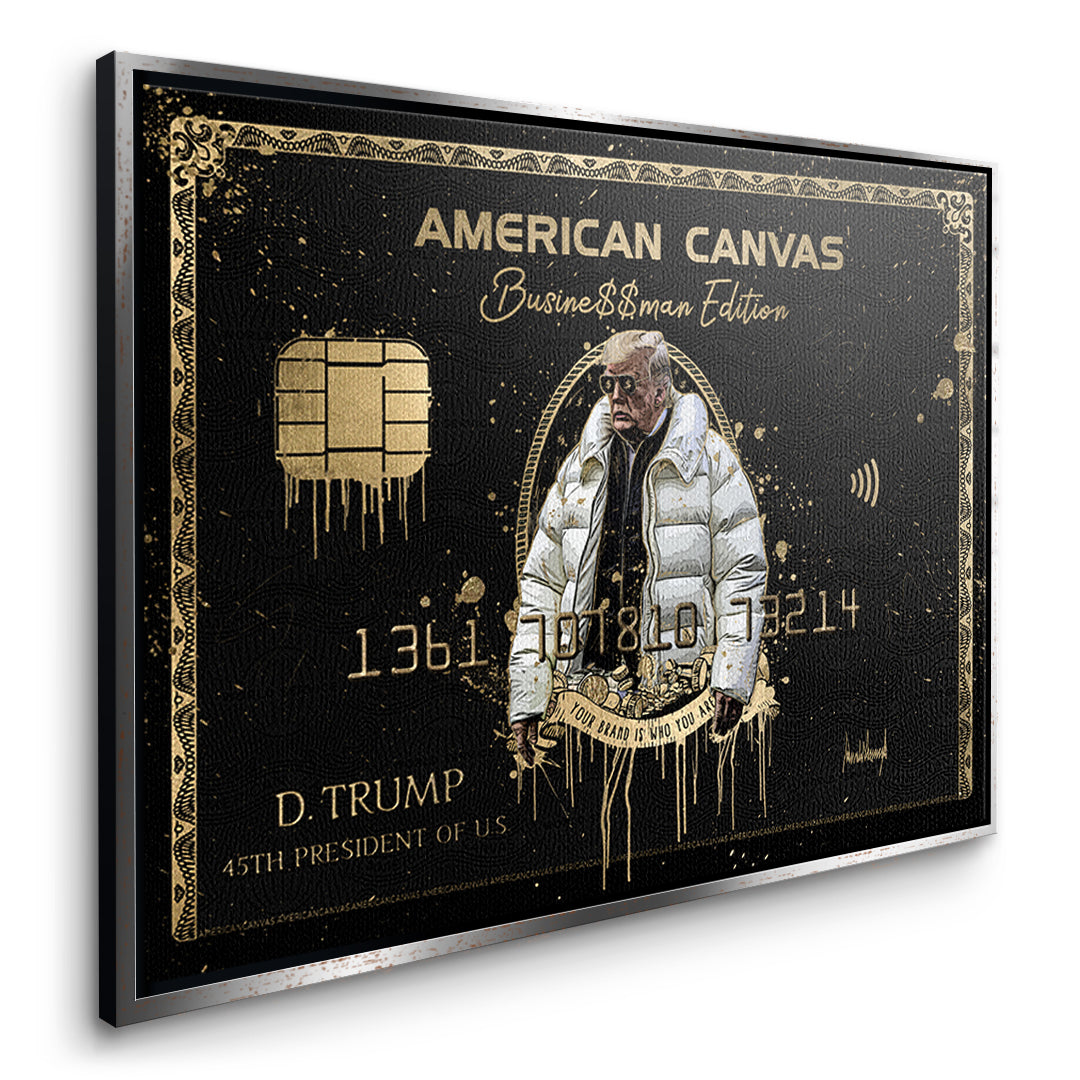 Seitenansicht des Leinwandbilds Royal American Canvas Trump im silbernen Rahmen