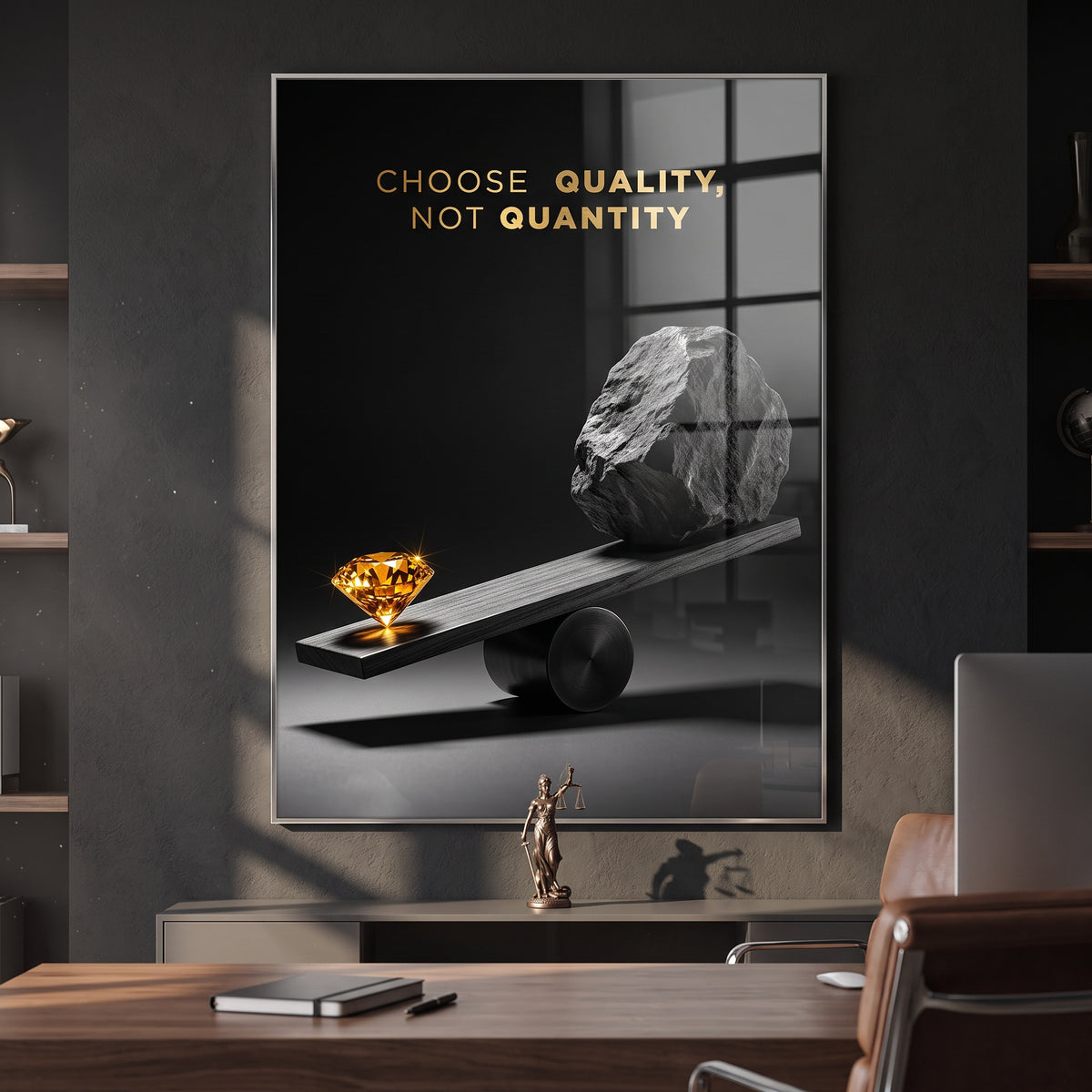 Acrylglasbild Choose Quality, Not Quantity an der Wand eines modernen Wohnraums