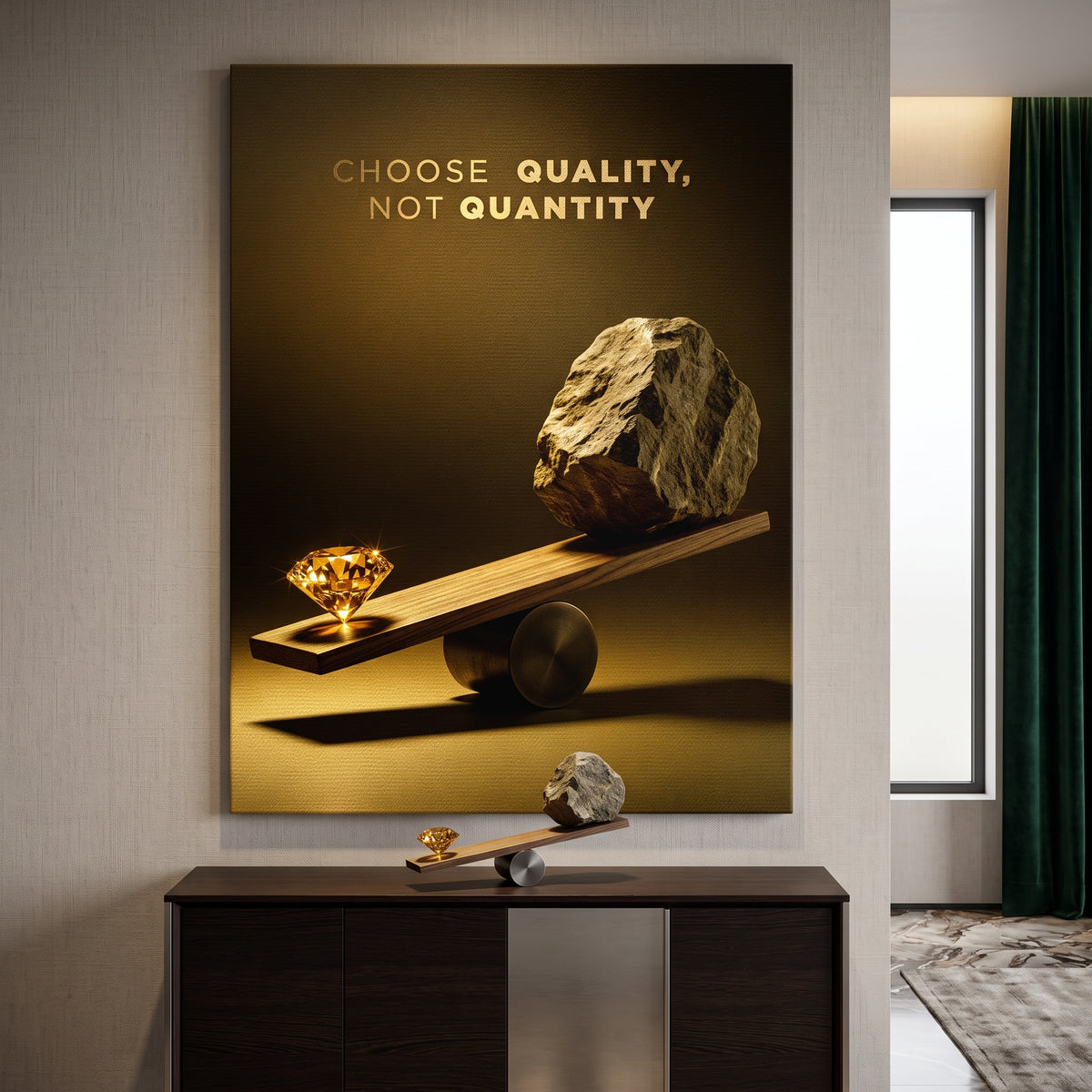 Leinwandbild Choose Quality Gold Edition an der Wand eines modernen Wohnraums