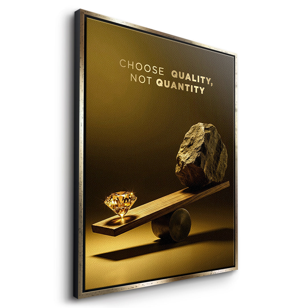 Seitenansicht des Leinwandbilds Choose Quality Gold Edition im goldenen Rahmen