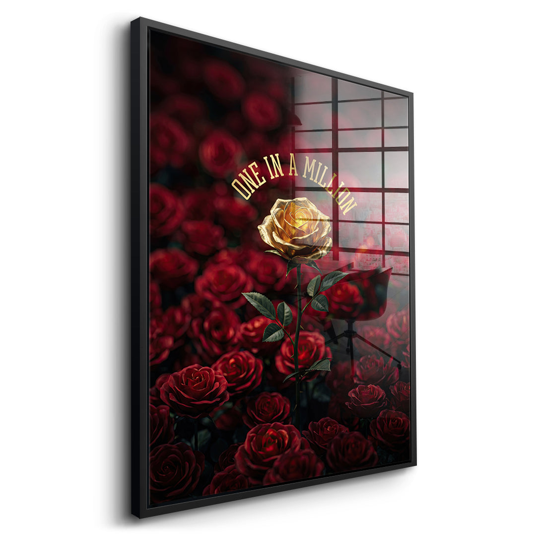 Seitenansicht des Acrylglasbilds One in a Million in Red im schwarzen Rahmen