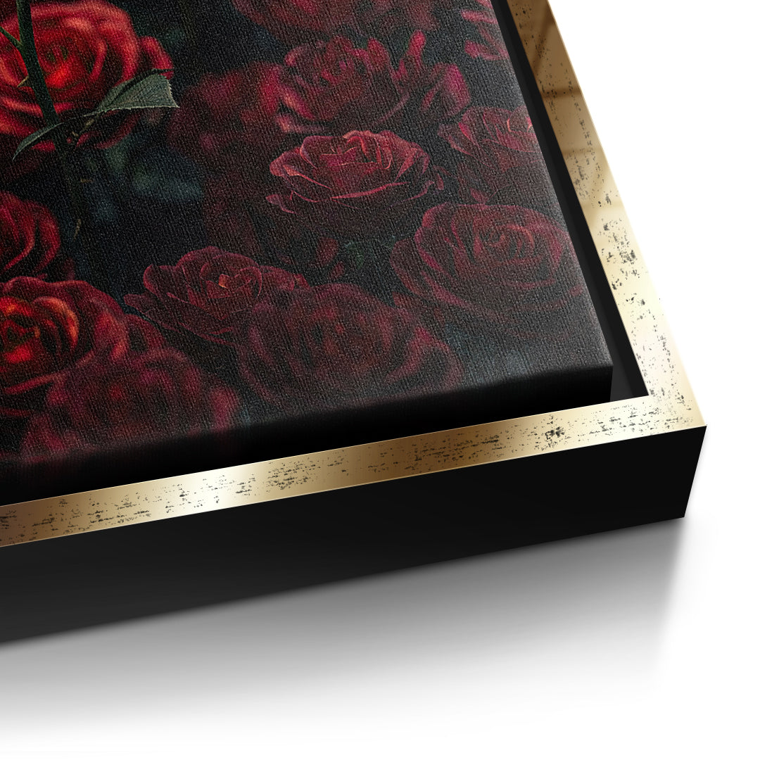 Detailaufnahme der Leinwandstruktur, One in a Million in Red im goldenen Rahmen