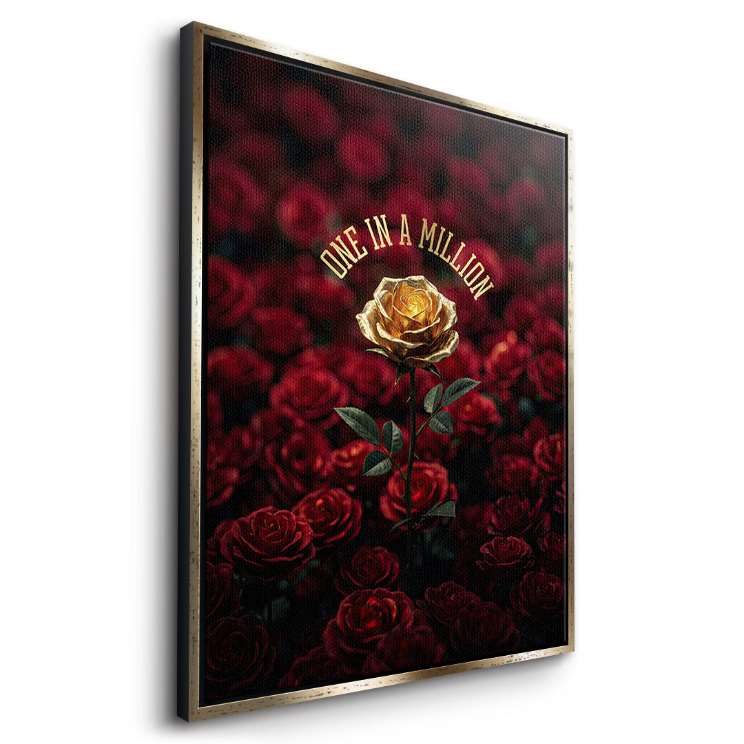 Seitenansicht des Leinwandbilds One in a Million in Red im goldenen Rahmen