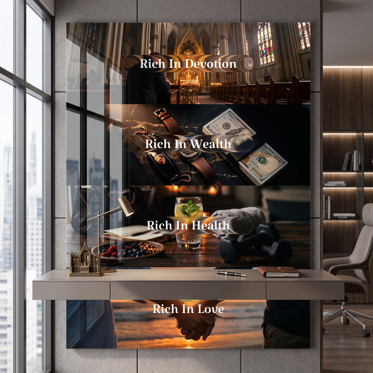 Acrylglasbild Rich In Life an der Wand eines modernen Wohnraums