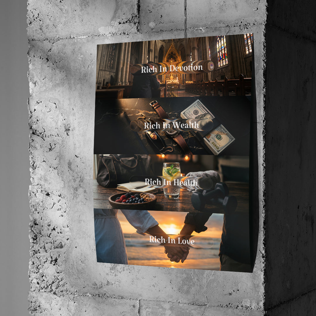 Poster Rich In Life an einer Betonwand