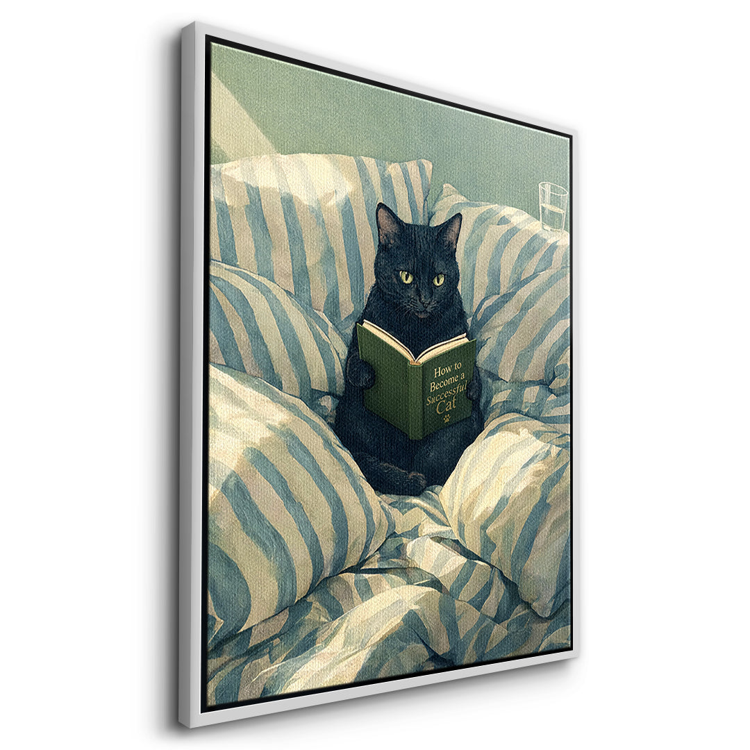 Seitenansicht des Leinwandbilds How to Become a Successful Cat im weißen Rahmen