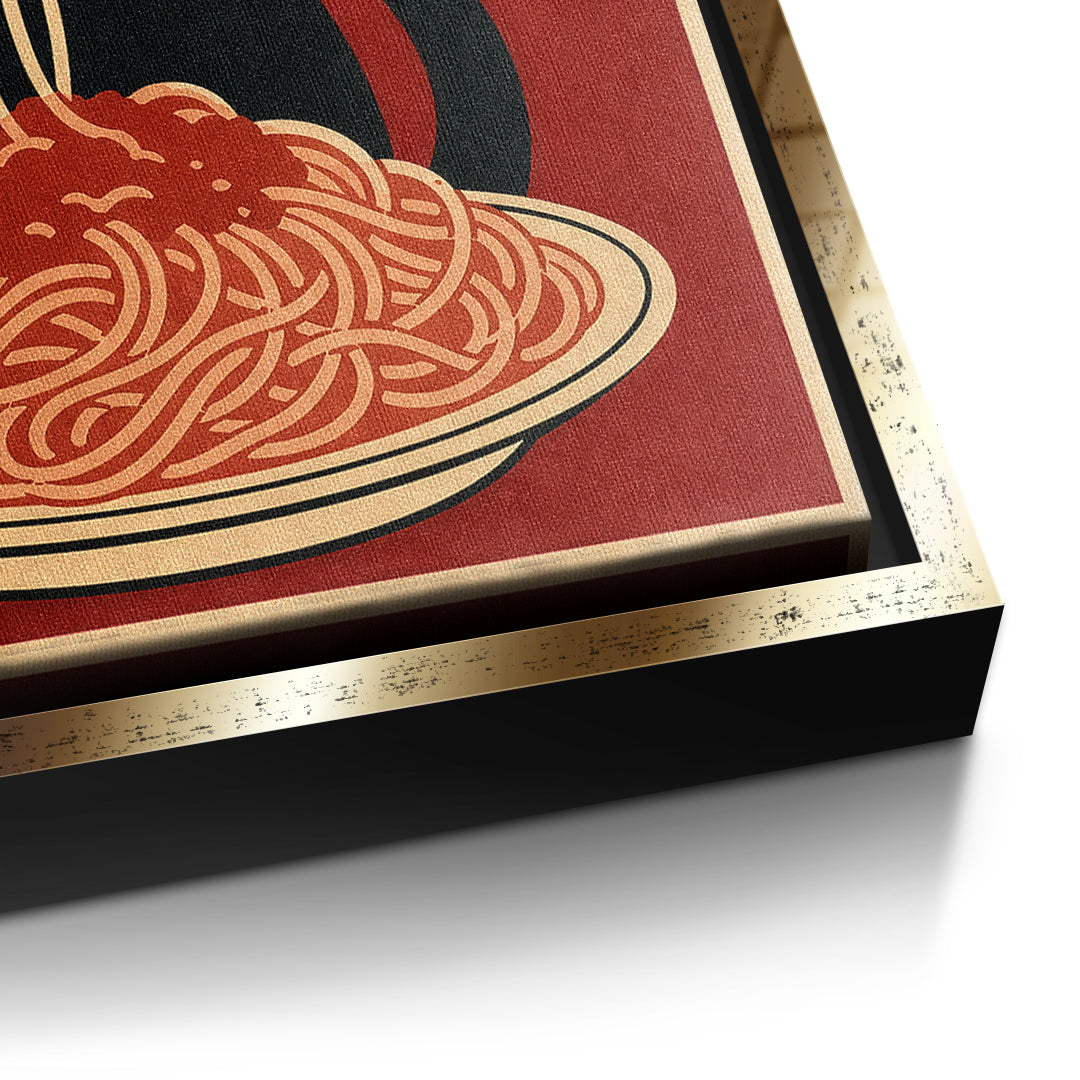 Detailaufnahme der Leinwandstruktur, More Spaghetti Less Upsetti im goldenen Rahmen