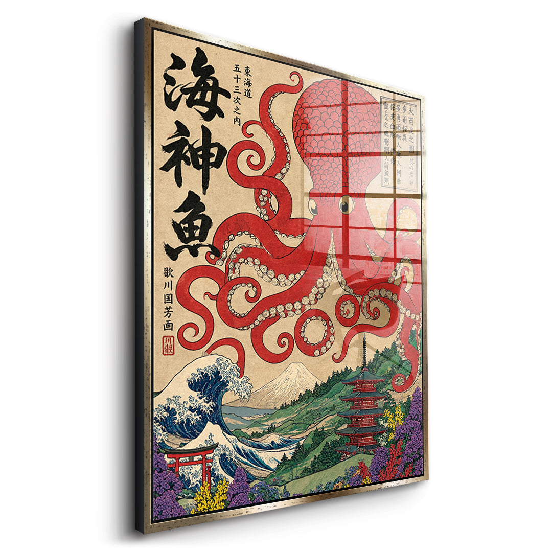 Seitenansicht des Acrylglasbilds Sea God Octopus im goldenen Rahmen